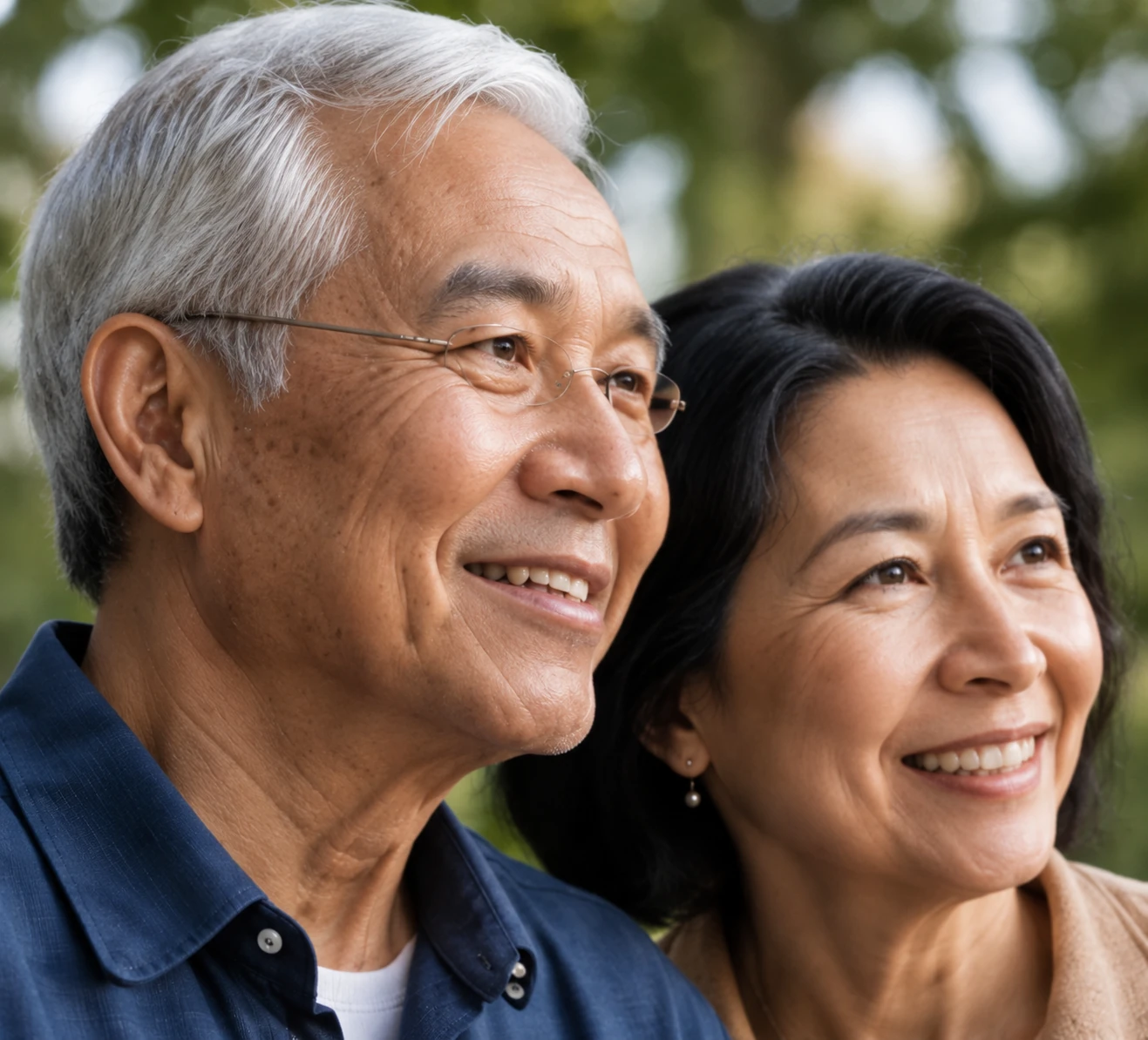 An older couple looking ahead together