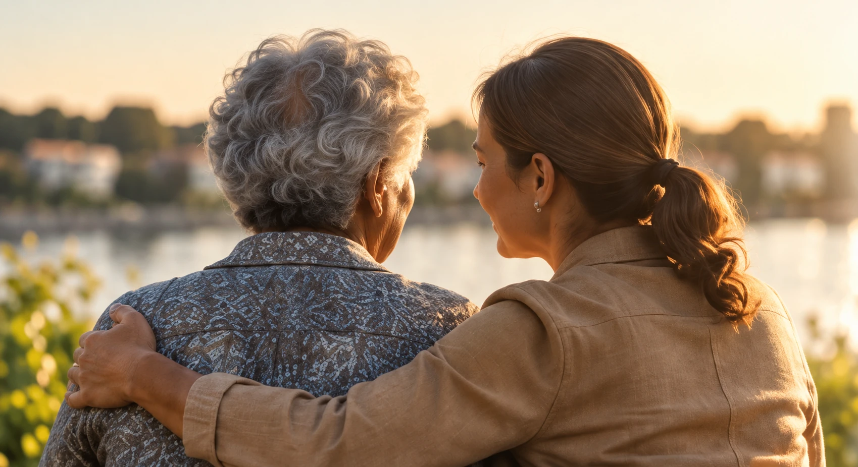 A daughter with her arm around her older mother beside the water at sunset